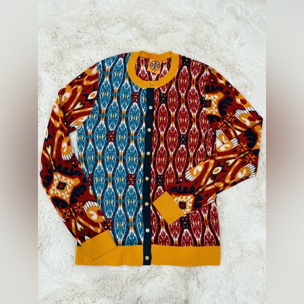 Tory Burch Red and Blue Geometric Cardigan Sweater